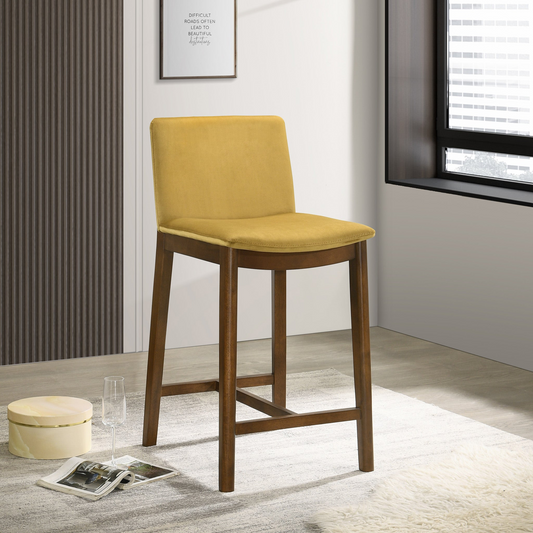 Solei - A piece of 35" Dark Yellow Velvet Counter Stool with Solid Wood Base