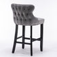 Vallith - Set of 2 - 26" Gray Velvet Wing-Back Barstools with Button Tufted Decoration, Wooden Legs, and Chrome Nailhead Trim