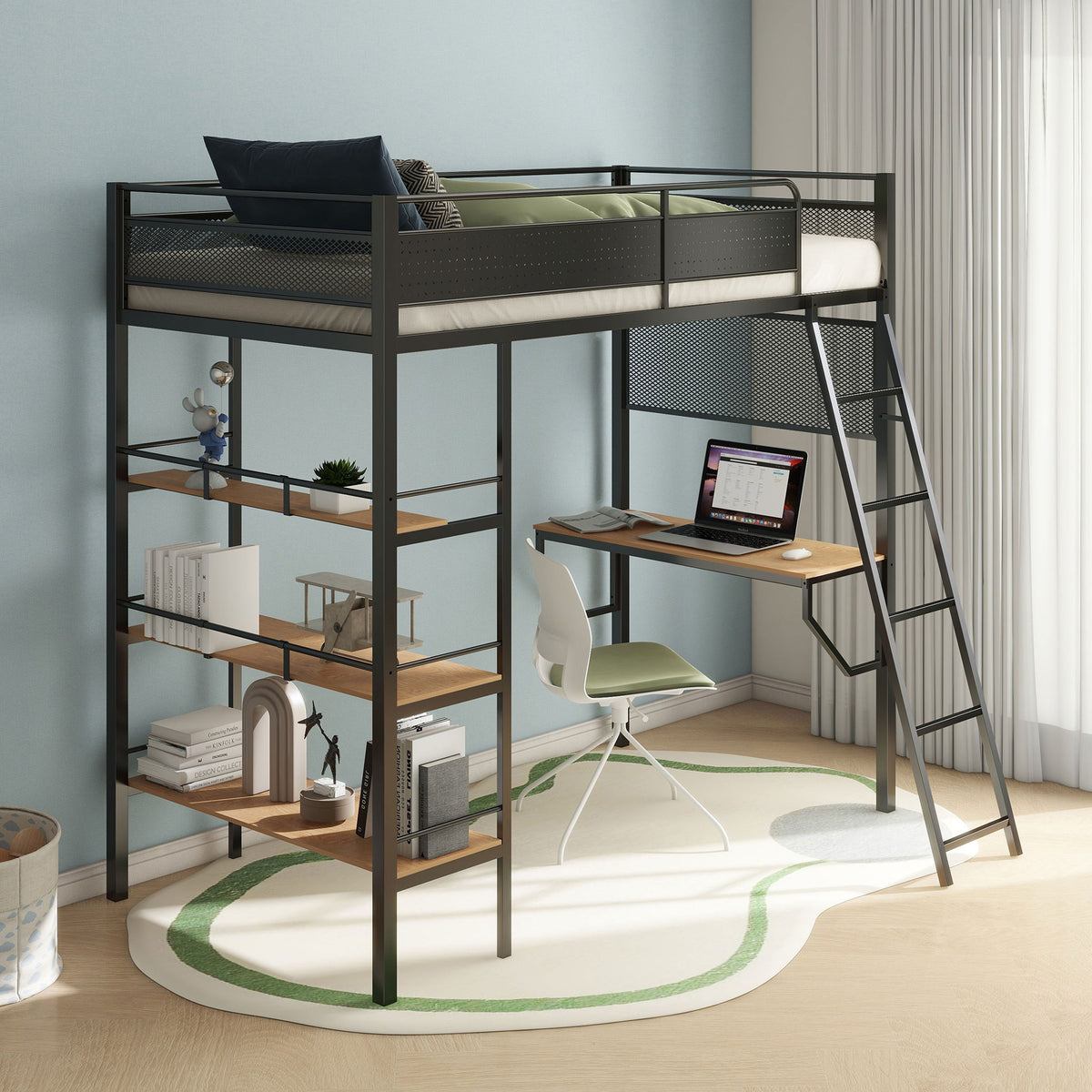 William - 3 Shelf Workstation Loft Bed With Built-In Desk And Storage