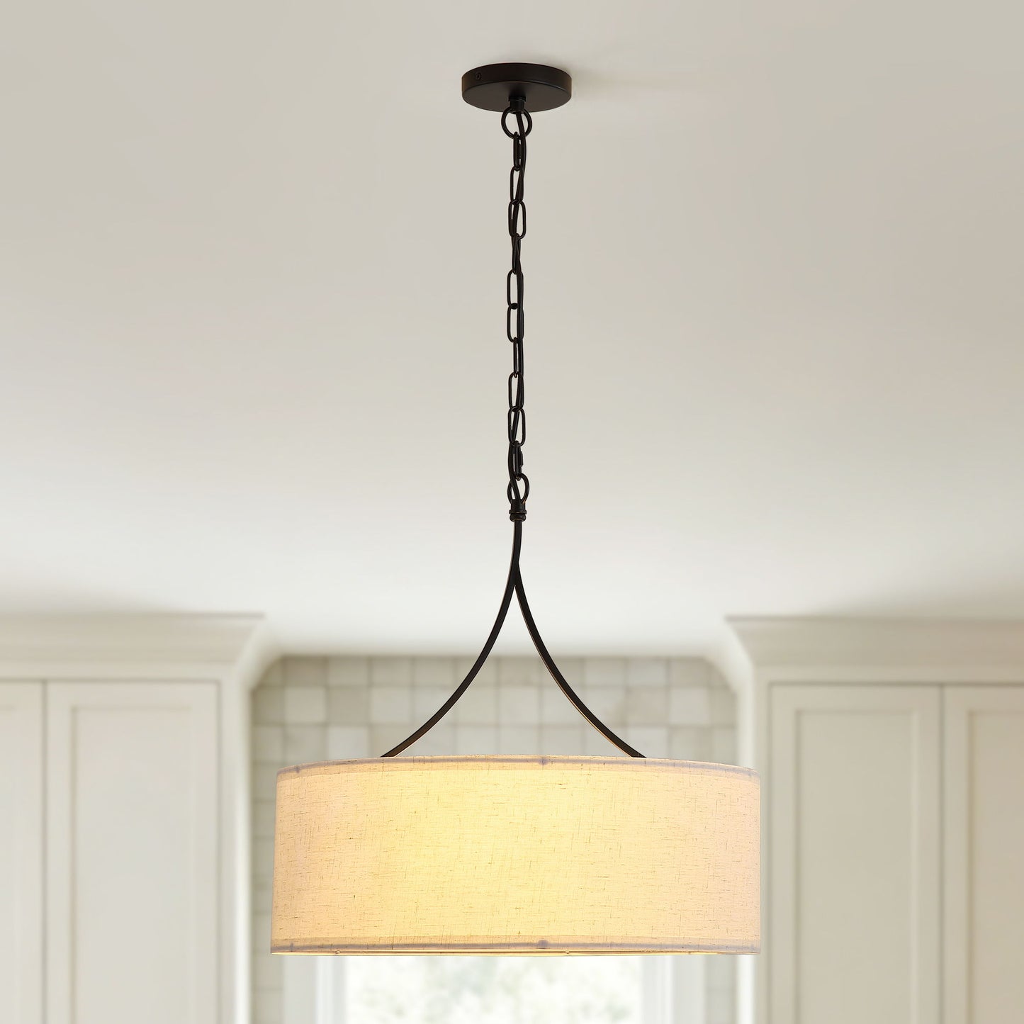 3 Light Pendant Light Adjustable Drum Chandelier, Shade Ceiling Light Fixture - Beige White / Black