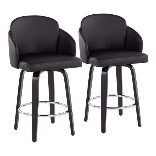 Laveh - Set of 2 - 29" Black Wood Counter Stools in Faux Leather with Chrome Footrest and 360° Swivel