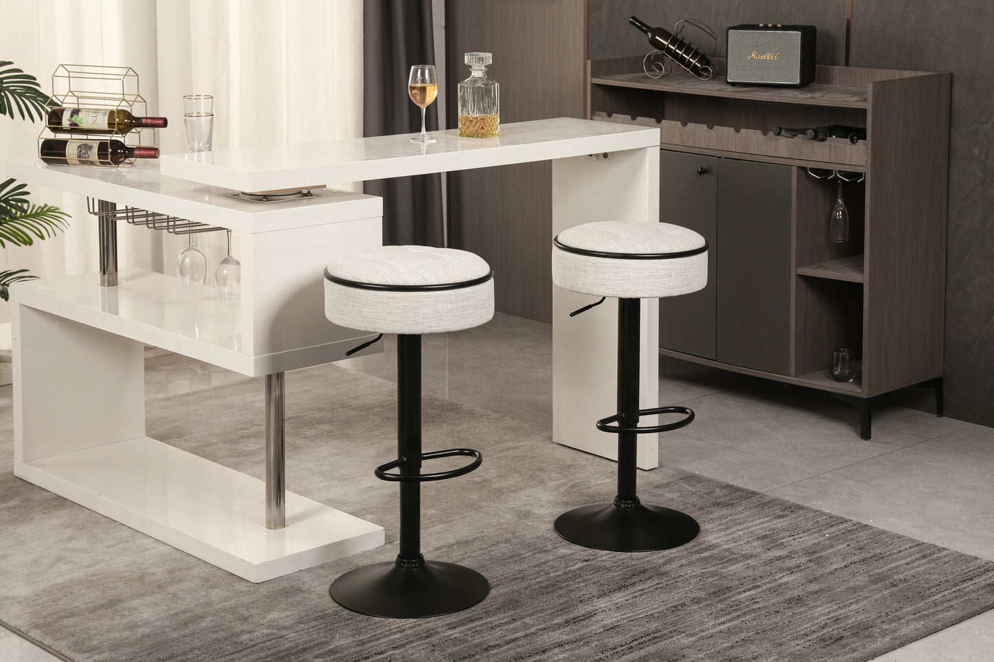 Glint - Set of 2 - 28" Off White Adjustable Swivel Bar Stools with Hidden Storage and Metal Frame