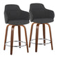 Fyralis - Set of 2 - 24" Fixed-Height Counter Stools in Dark Grey Noise Fabric with Walnut Wood Base and Chrome Footrest