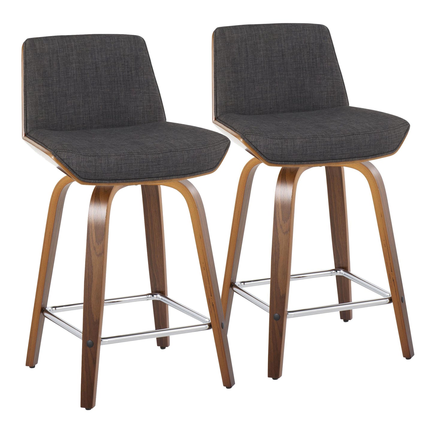 Valerio - Set of 2 - 24" Mid-Century Modern Fixed-Height Counter Stools with Charcoal Fabric, Walnut Wood, 360° Swivel, and Chrome Footrest