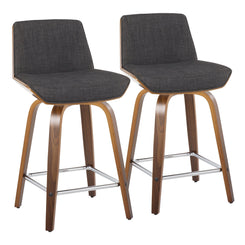 Valerio - Set of 2 - 24" Mid-Century Modern Fixed-Height Counter Stools with Charcoal Fabric, Walnut Wood, 360° Swivel, and Chrome Footrest