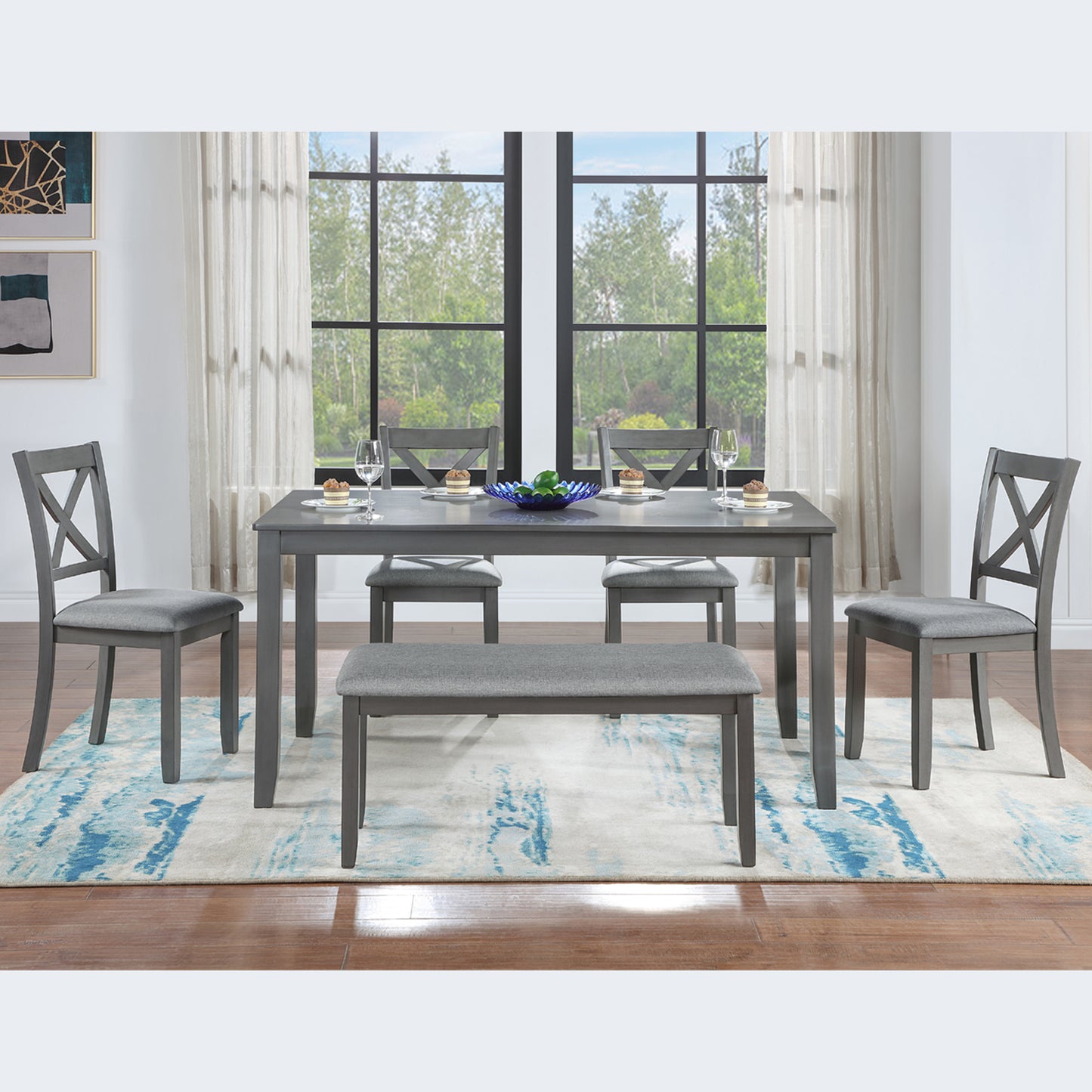 Glenn - Set of 6 - 25” Kitchen Dining Set with Rectangular Acacia Wood Table, 4 Upholstered Chairs & Bench - Seats 6