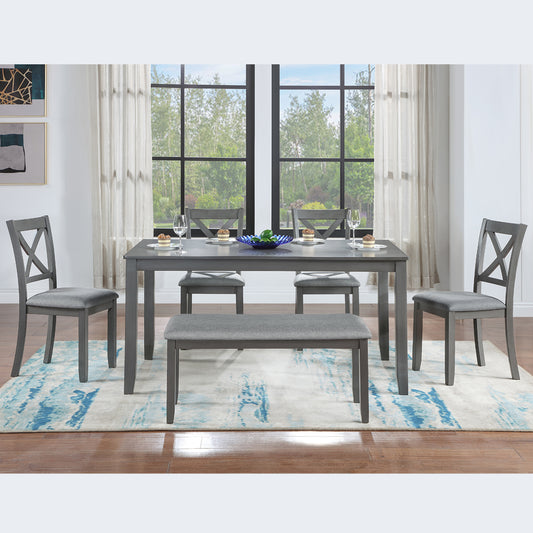 Glenn - Set of 6 - 25” Kitchen Dining Set with Rectangular Acacia Wood Table, 4 Upholstered Chairs & Bench - Seats 6