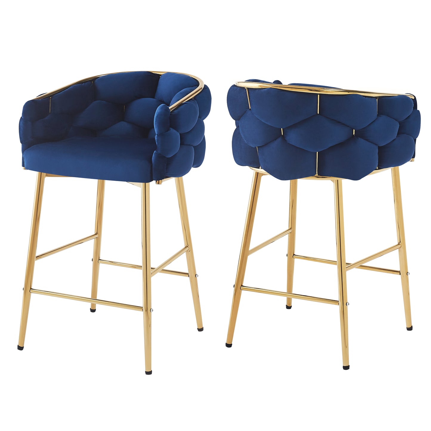 Narelle - Set of 2 - 28" Dark Blue Velvet Modern Counter Stools with Gold Metal Frame, Comfortable Backrest & Footrest