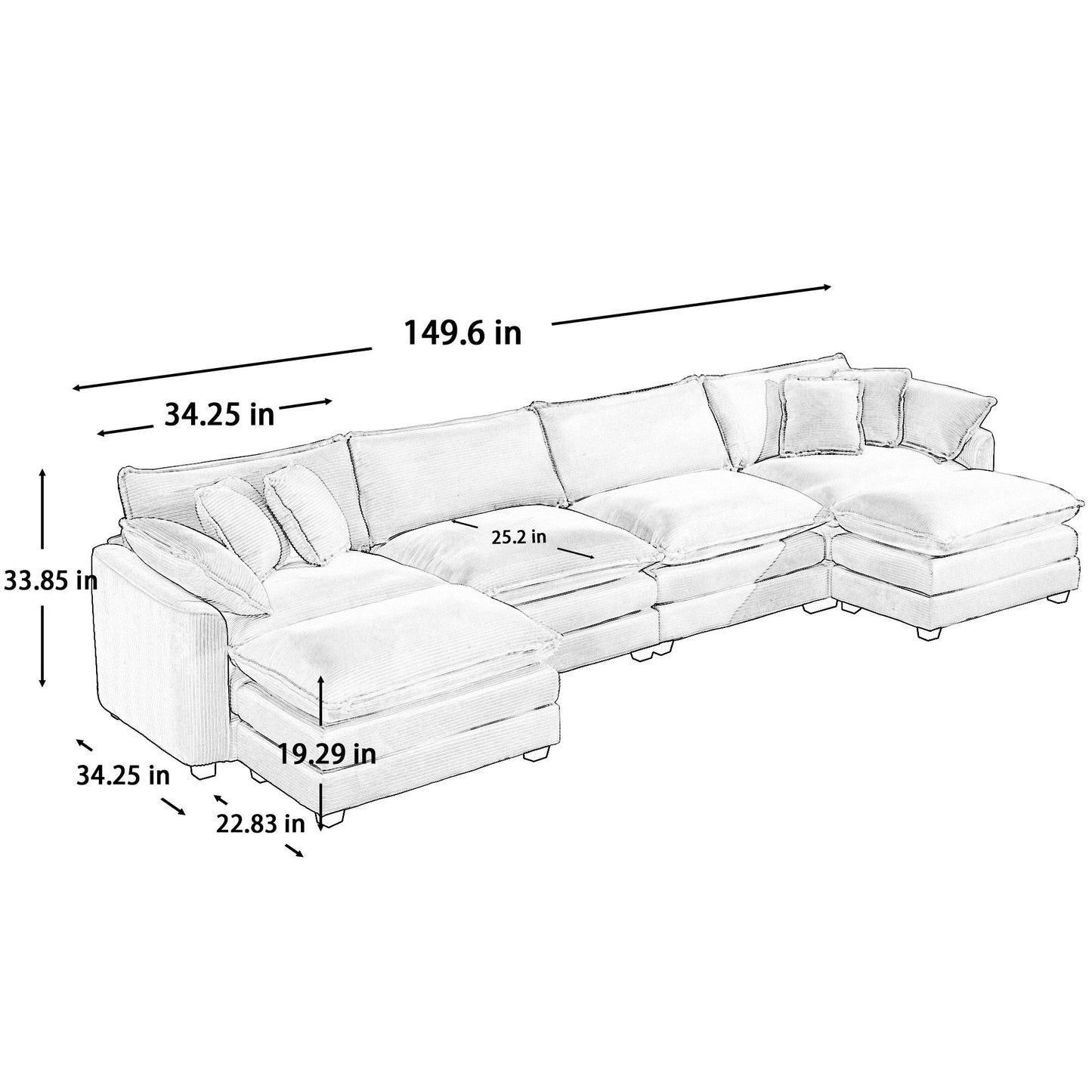 Oversized Modular Cushion Sofa With Ottoman, Low Back, Deep Seating Sofa Set