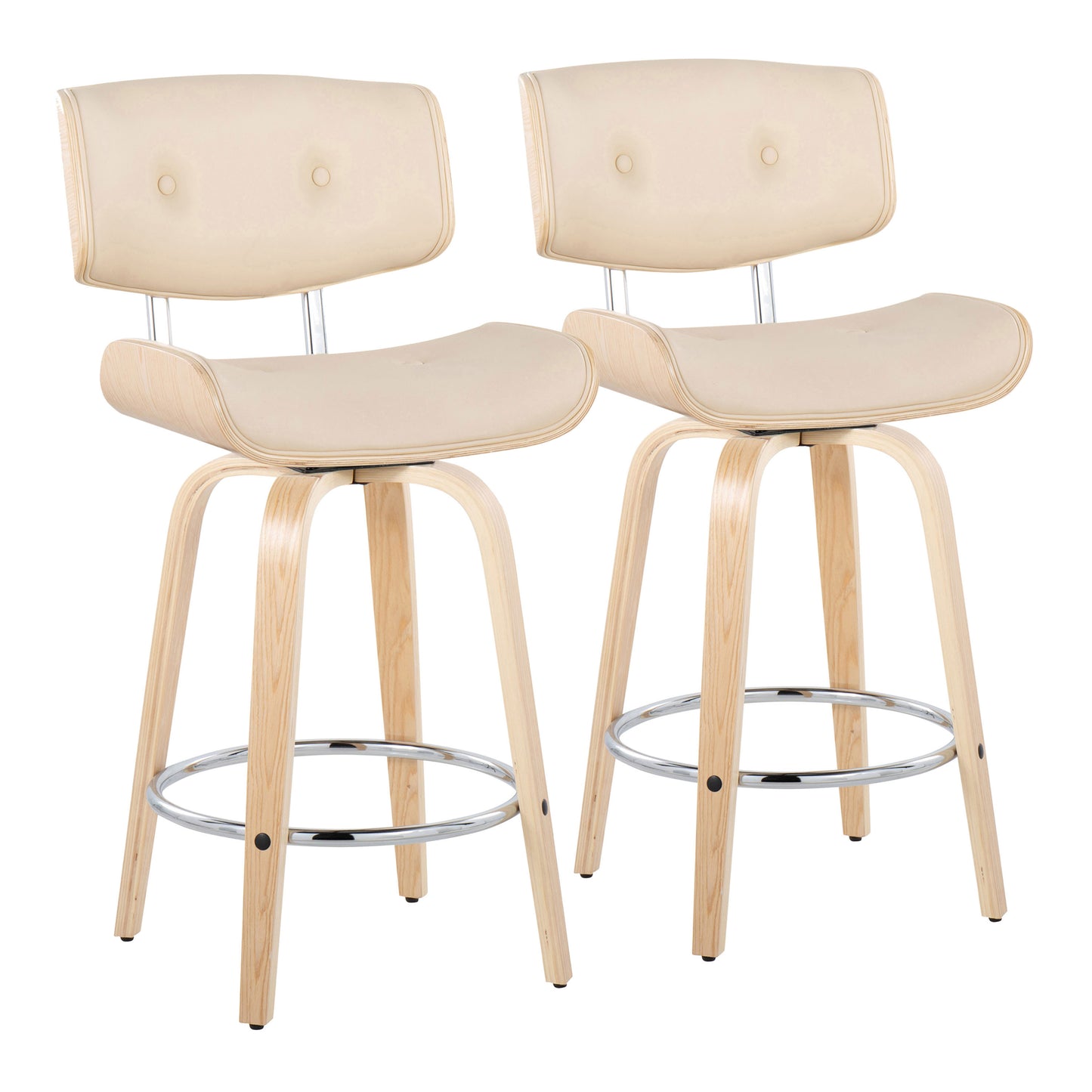 Montrose - Set of 2 - 26" Natural Wood & Cream Faux Leather Mid-Century Modern Swivel Counter Stools with Chrome Footrest by LumiSource