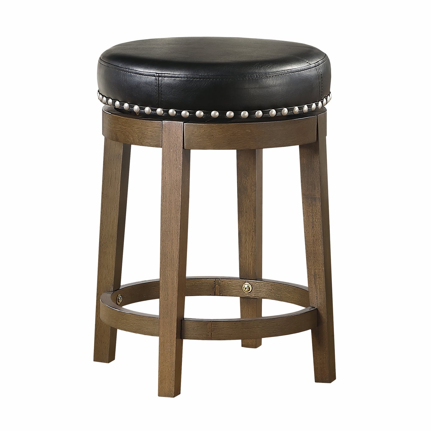 Woventra - Set of 2 - 26" Black Faux Leather Swivel Counter Stools with Nailhead Trim, Solid Wood Frame, and Brown Finish