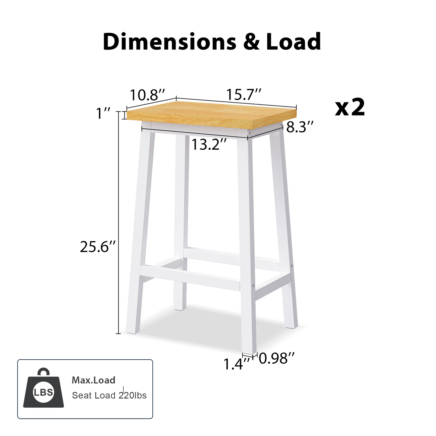 Hartle - Set of 2 - 24” White Farmhouse Pine Wood Counter Stools with Footrests