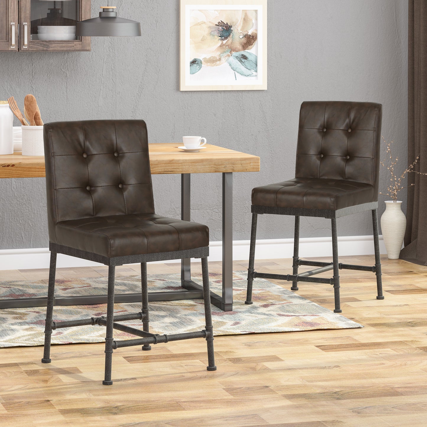 Naya – Set of 2 – 24" Dark Brown Upholstered Counter Stools with Industrial Metal Frame and Piping Details