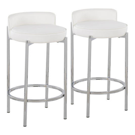 Odessa - Set of 2 - 26" White Faux Leather Chrome Counter Stools with Sleek High Back