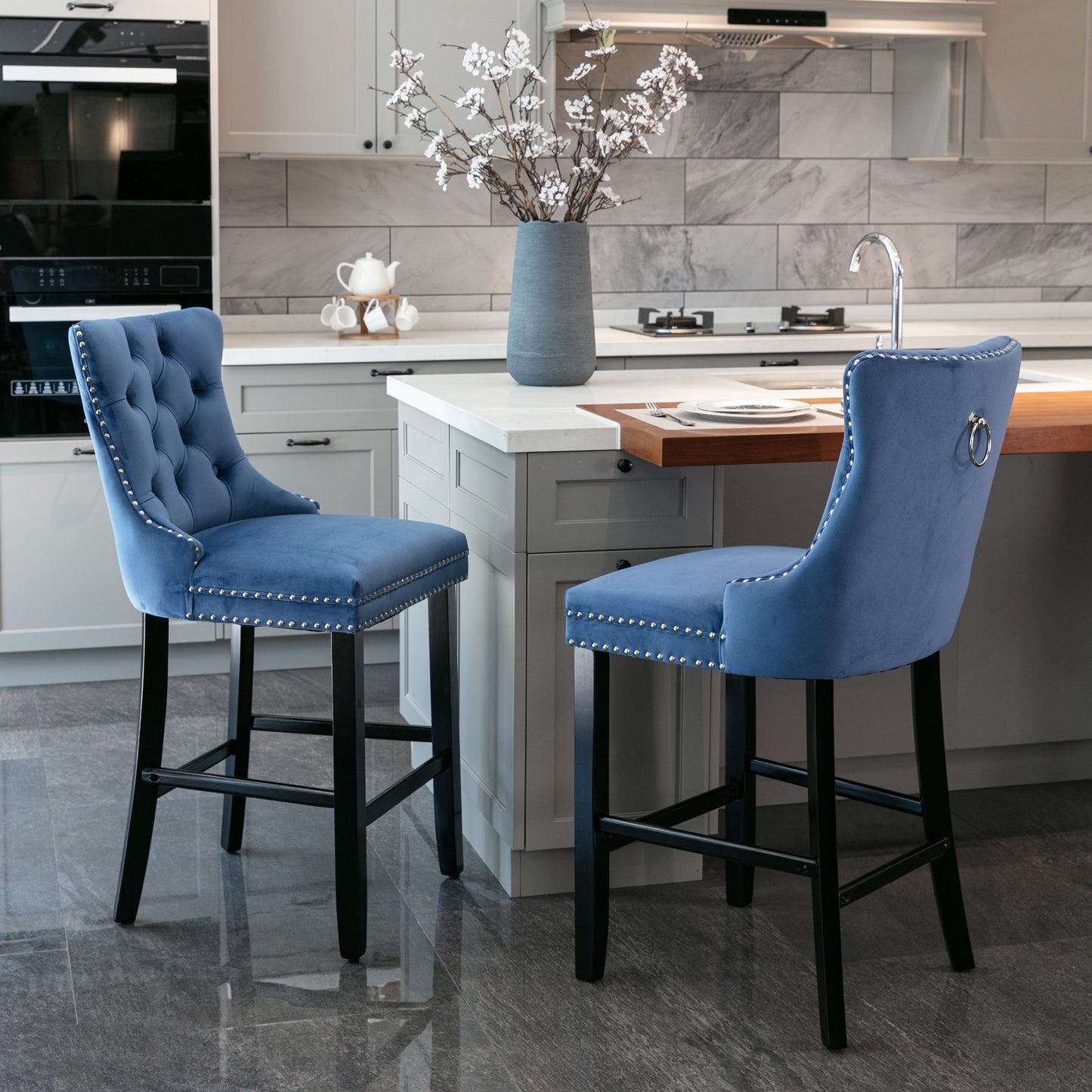 Heliora - Set of 2 - 26" Blue Velvet Upholstered Bar Stools with Button Tufted Design, Chrome Nailhead Trim, and Wooden Legs - Modern American Style