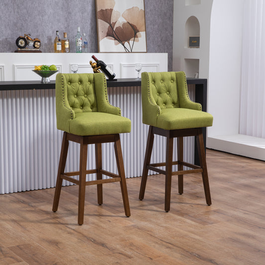 Everton - Set of 2 - 29" Olive Linen Swivel Counter Height Bar Stools with Solid Wood Frame, High Back, and 360° Rotation for Kitchen & Dining Room