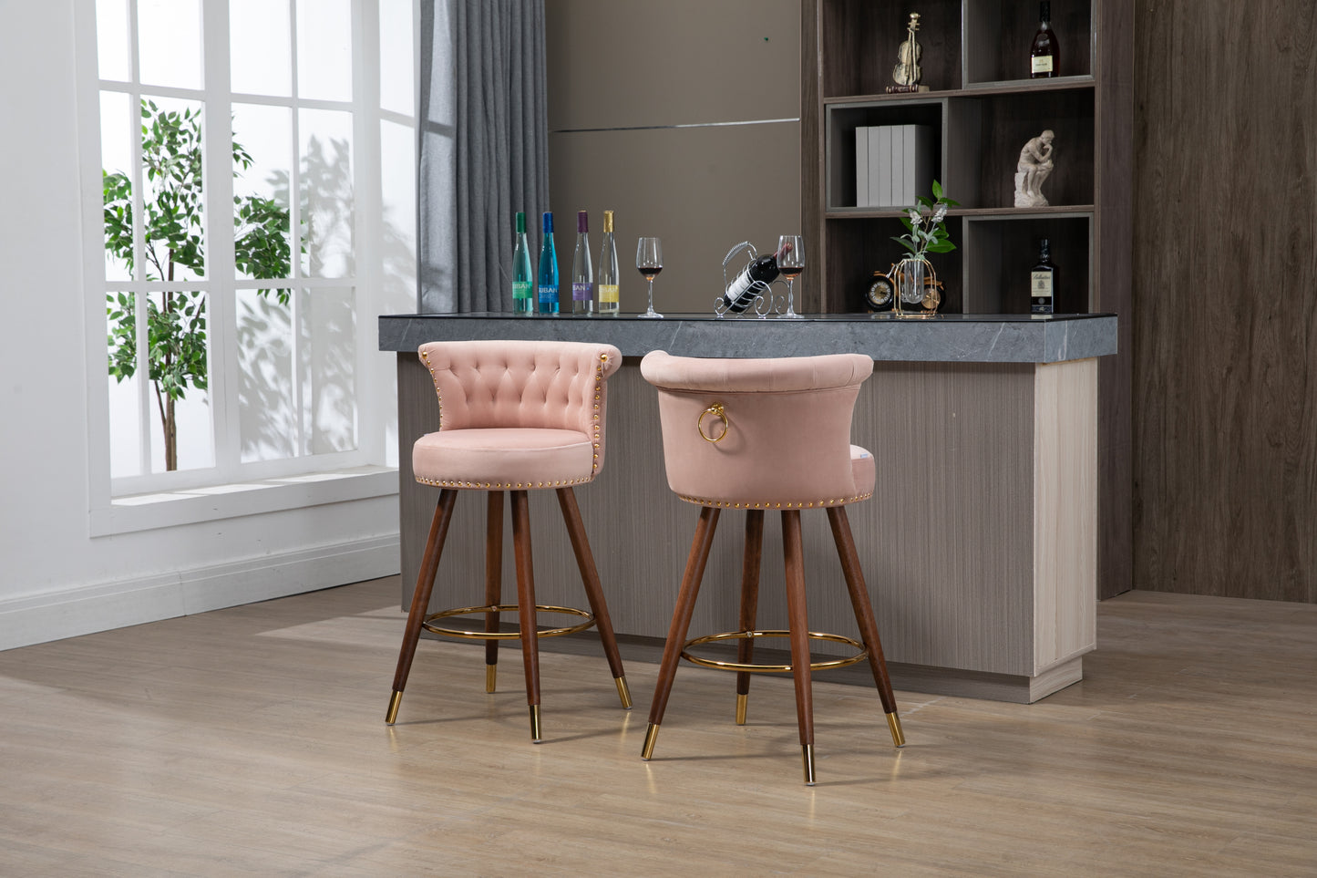 Viatora - Set of 2 - 27" Pink Swivel Solid Wood Bar Stools with High Back and Footrest