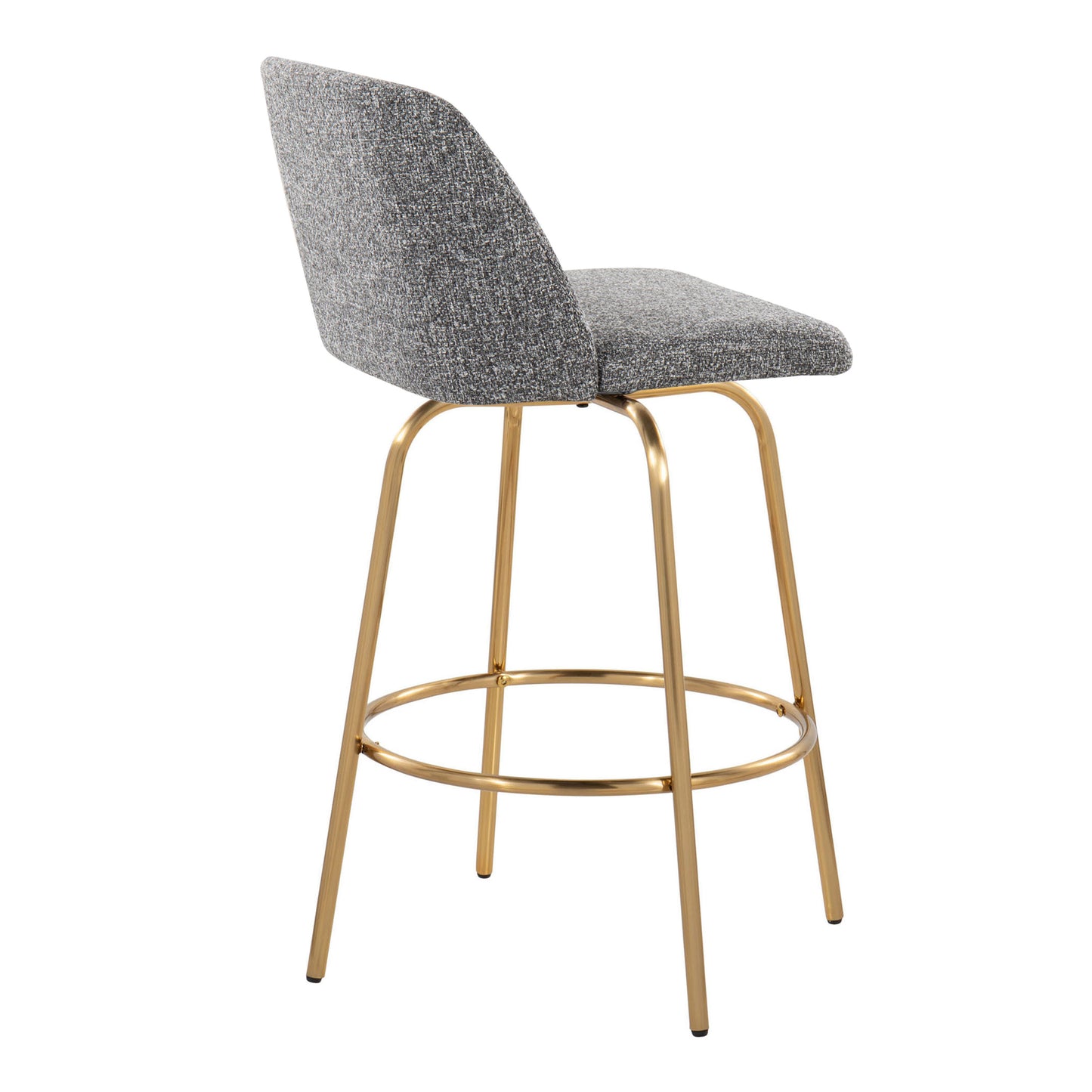 Tzarin - Set of 2 - 26" Contemporary Fixed-Height Swivel Counter Stools in Grey Noise Fabric and Gold Metal – Stylish Upholstered Bar Stools with Round Footrest