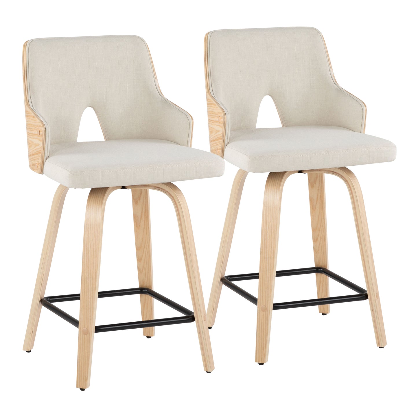 Stedward - Set of 2 - 24" Fixed-Height Swivel Counter Stools in Natural Wood and Cream Fabric with Square Black Metal Footrest