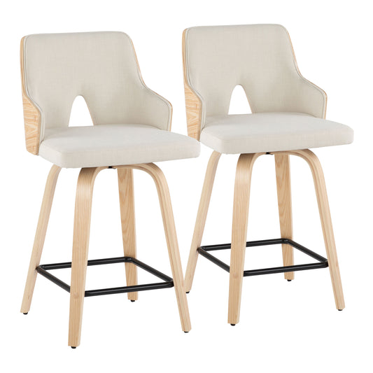 Stedward - Set of 2 - 24" Fixed-Height Swivel Counter Stools in Natural Wood and Cream Fabric with Square Black Metal Footrest