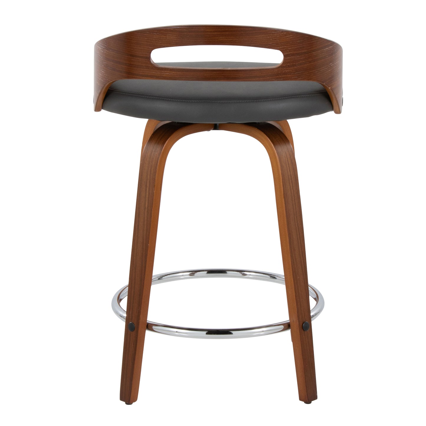 Hesperides - Set of 2 - 24” Walnut Counter Stools with Grey Faux Leather and Chrome Footrest, Swivel Design