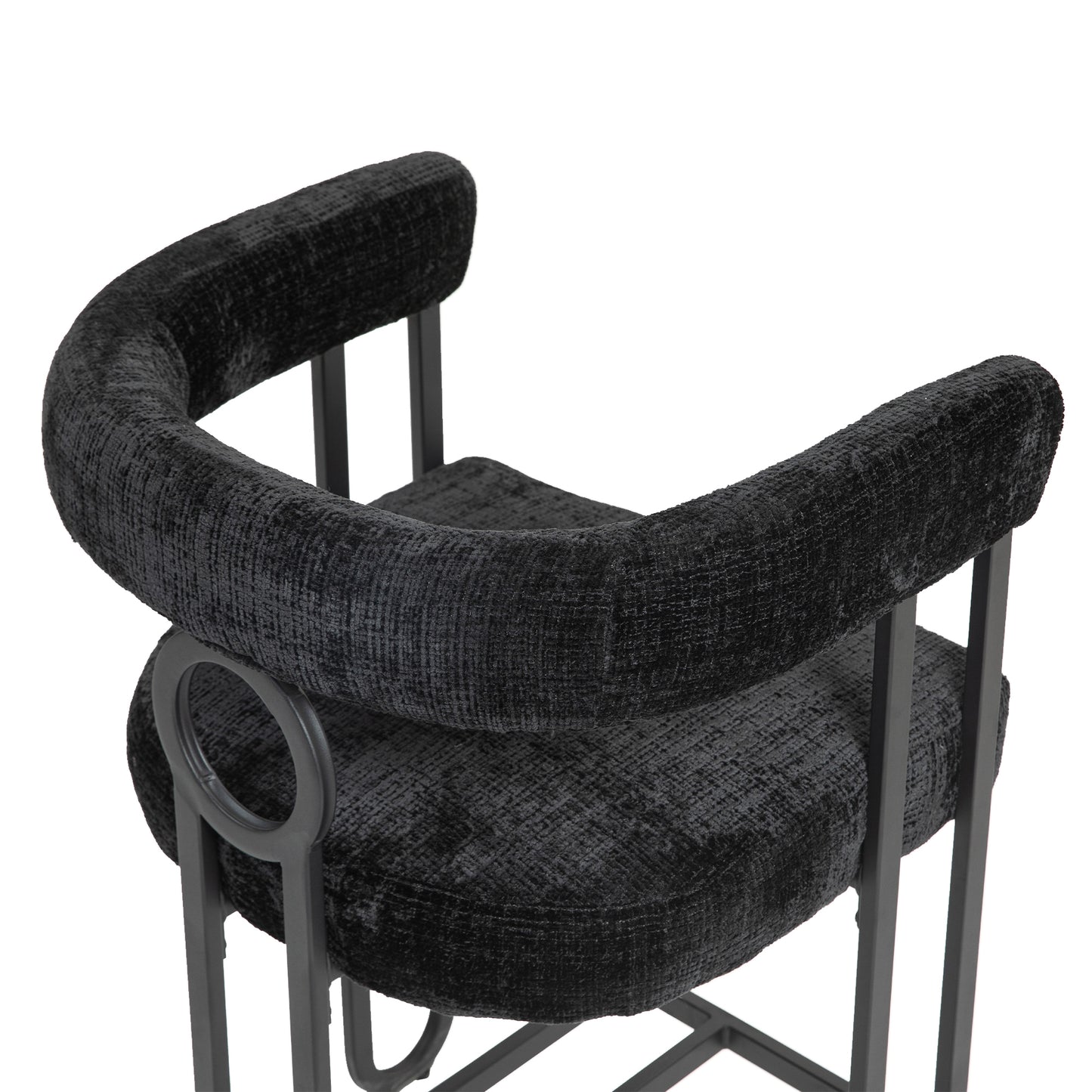 Lynsandra - Set of 2 - 24" Black Chenille Upholstered Bar Stools with Curved Backrest and Black Metal Legs