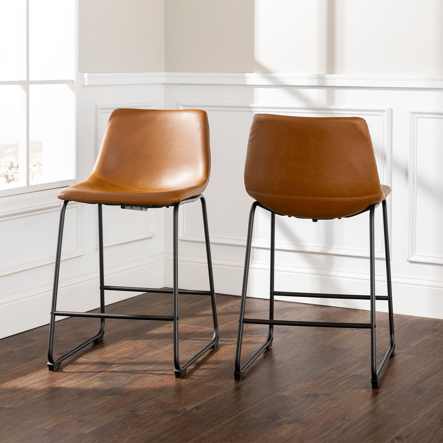 Estelle - Set of 2 - 24" Whiskey Brown Counter Stools, Seat Height, Faux Leather Kitchen Seating