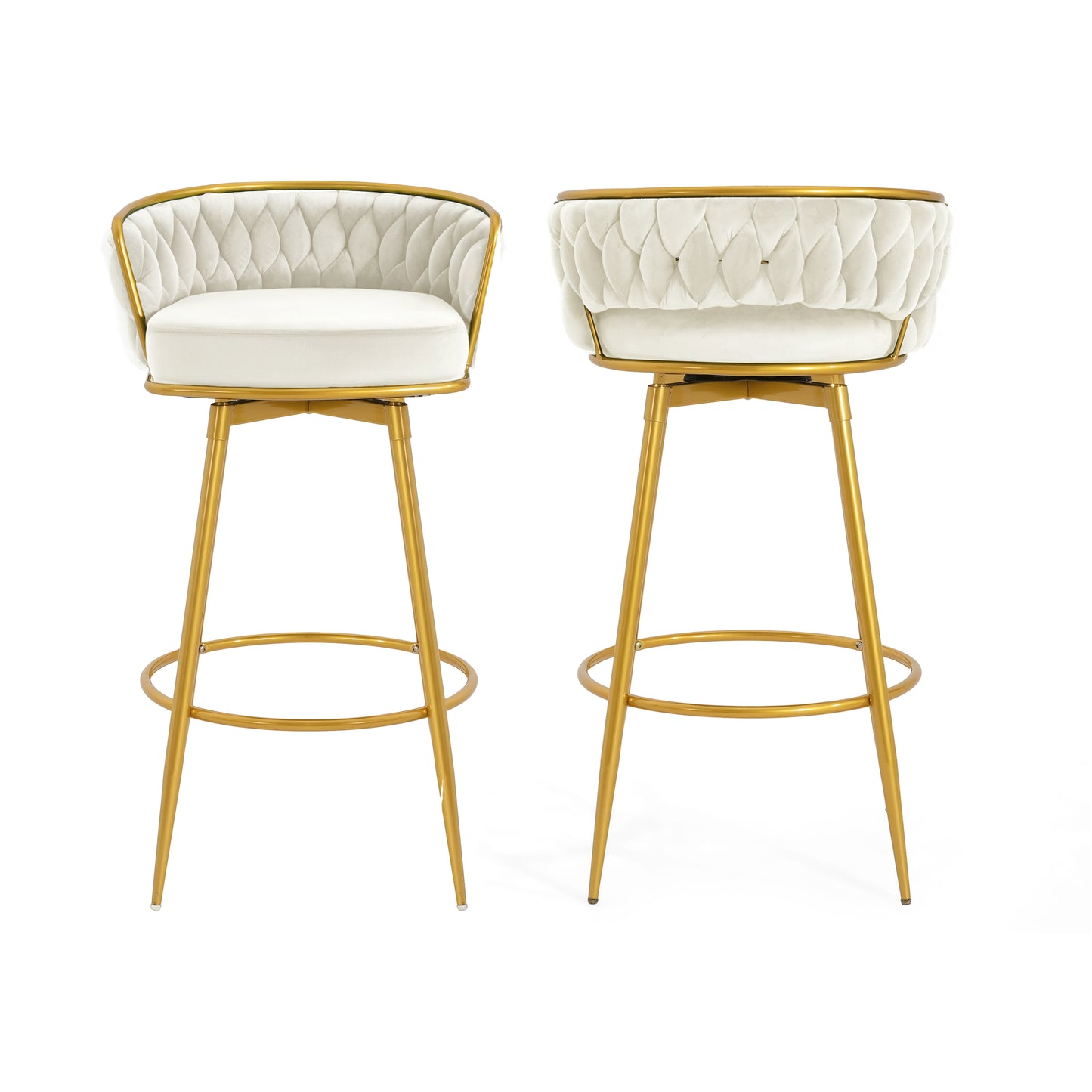 Stalbrook - Set of 2 - 31.5” Swivel Counter Height Bar Stools with Hand-Woven Backrest, Gold Metal Legs, Beige Upholstered Seats