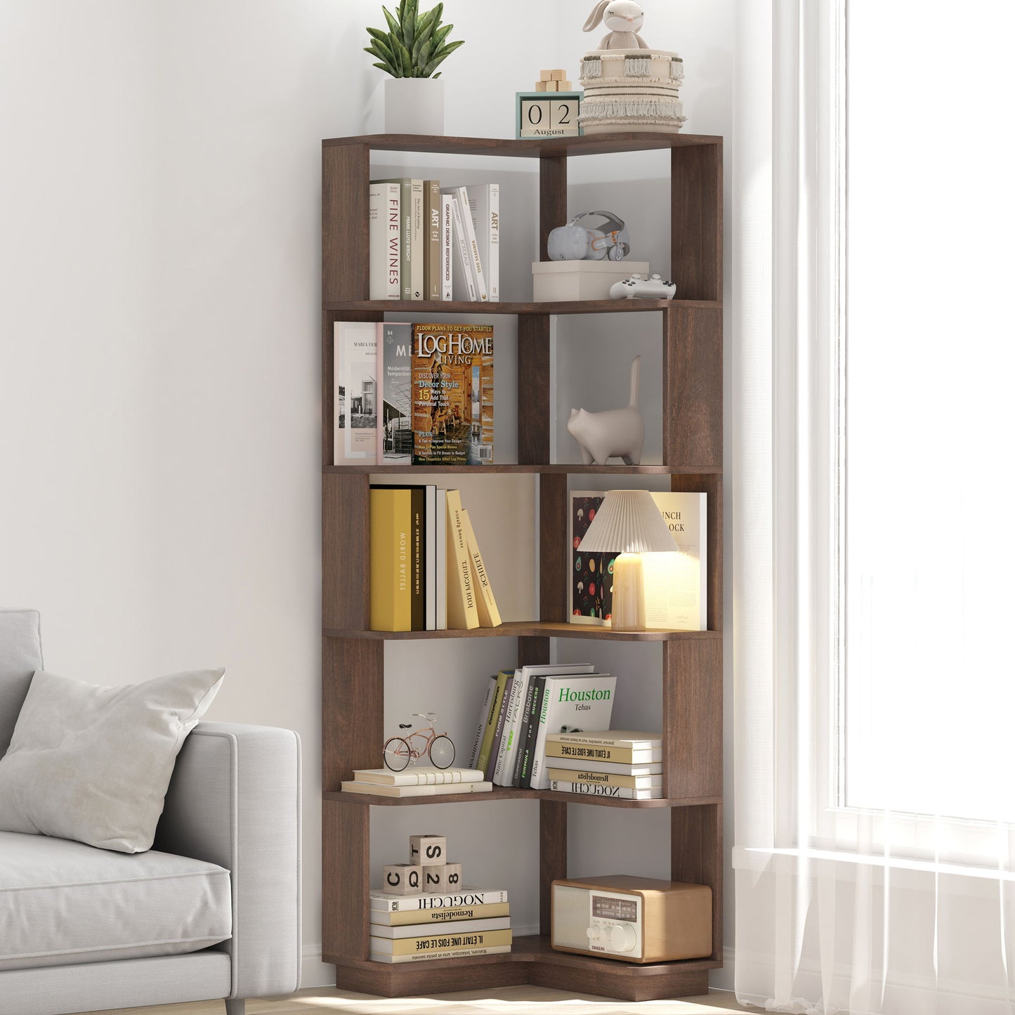 6 Tier Freestanding L-Shaped Corner Bookshelf For Living Room - Dark Brown