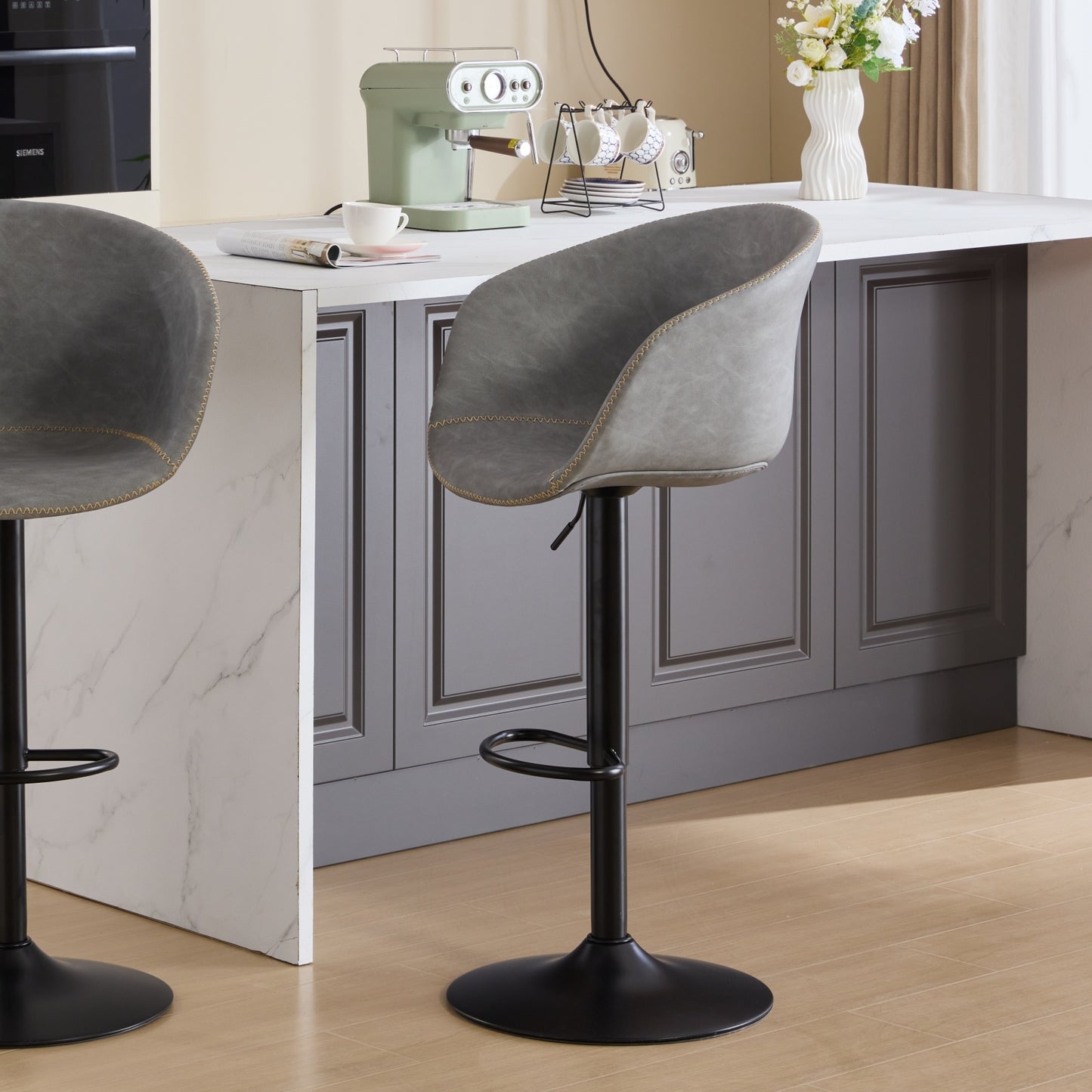 Garlandy - Set of 2 - 24'' - Adjustable Swivel Bar Stools - Mid-Century Modern PU Leather Counter Height Chairs with Ergonomic Backrest and 360° Rotation