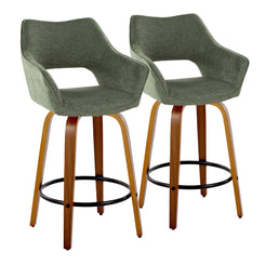 Valor Set of 2 Green Fabric Upholstered Swivel Counter Stools (26") with Walnut Bentwood Legs & Black Metal Footrest