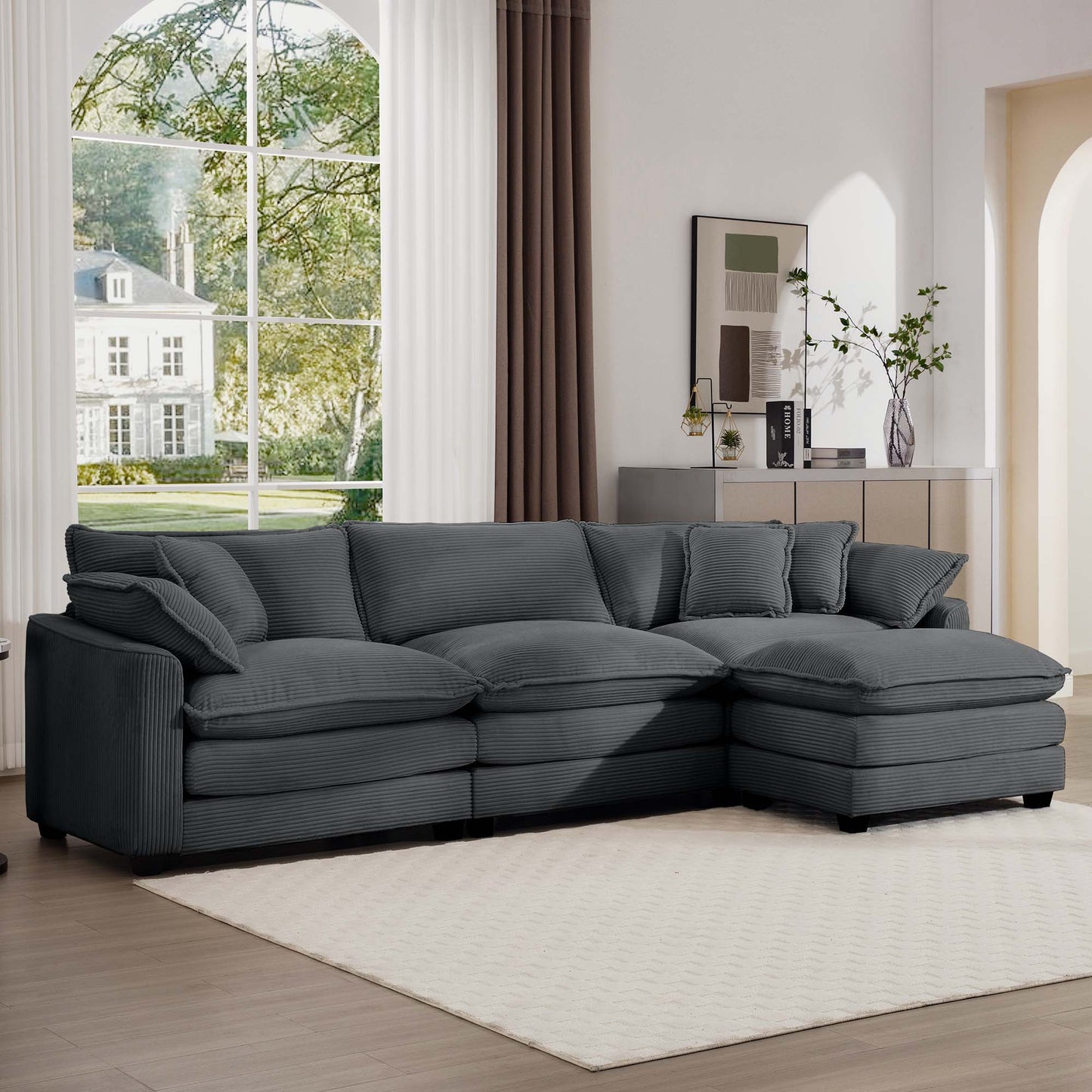 Modular Oversized Cushion Sofa With Ottoman, Low Back, Deep Seating Sofa Set