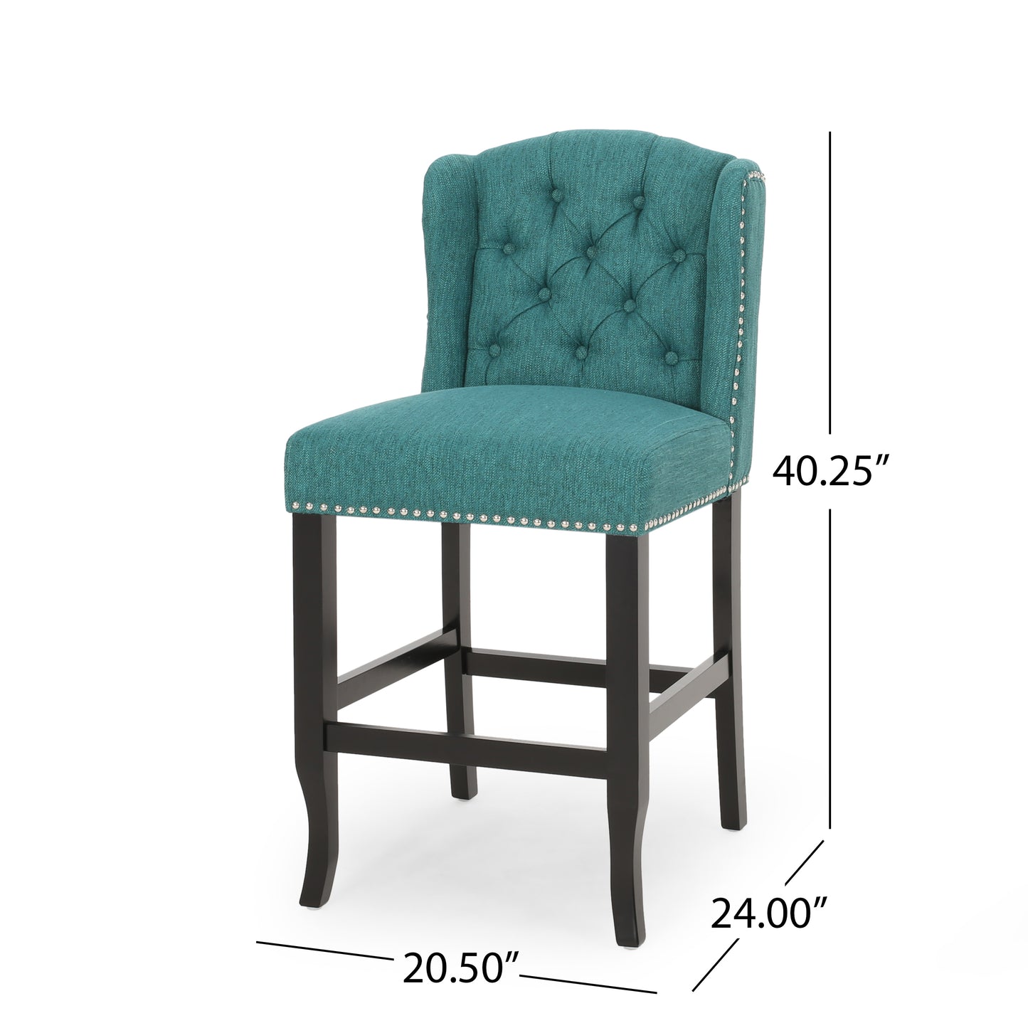 Veleta - Set of 2 - 27" Teal Tufted Wingback Counter Stools with Nailhead Trim and Dark Brown Rubberwood Legs