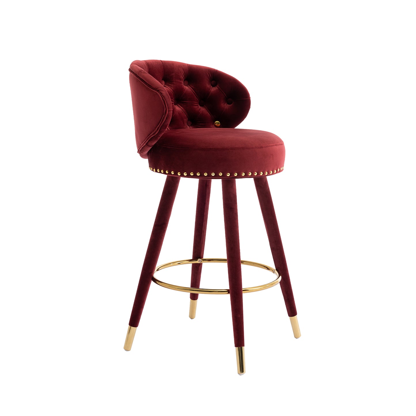 Cylvara - Set of 2 - 28" Claret Red Velvet Counter Height Bar Stools with Solid Wood Legs and 360° Swivel