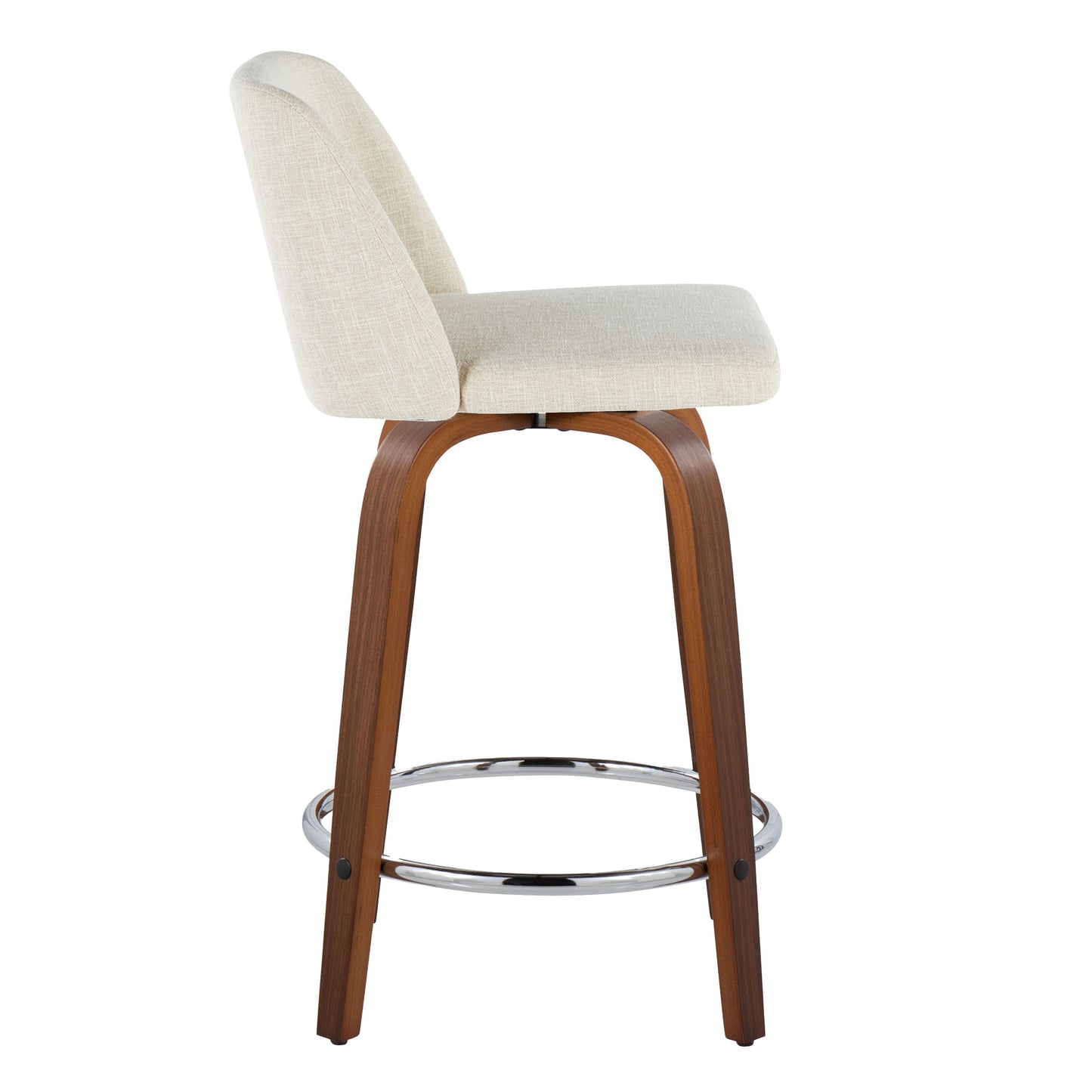 StratosBlend - Set of 2 - 24" Mid-Century Modern Swivel Counter Stools with Cream Fabric Upholstery, Walnut Wood, Chrome Footrest, and Fixed Height