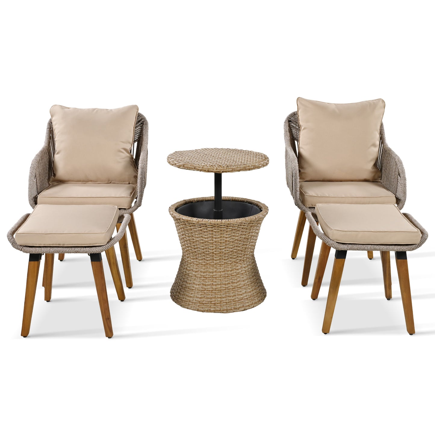 Hensleigh - Set of 2 - 18" Brown Wicker Patio Furniture Set with Cool Bar Table & Ottoman Stools – Modern Outdoor Lounge Chairs, Stylish Rope Weaving Design, Durable Acacia Wood Feet