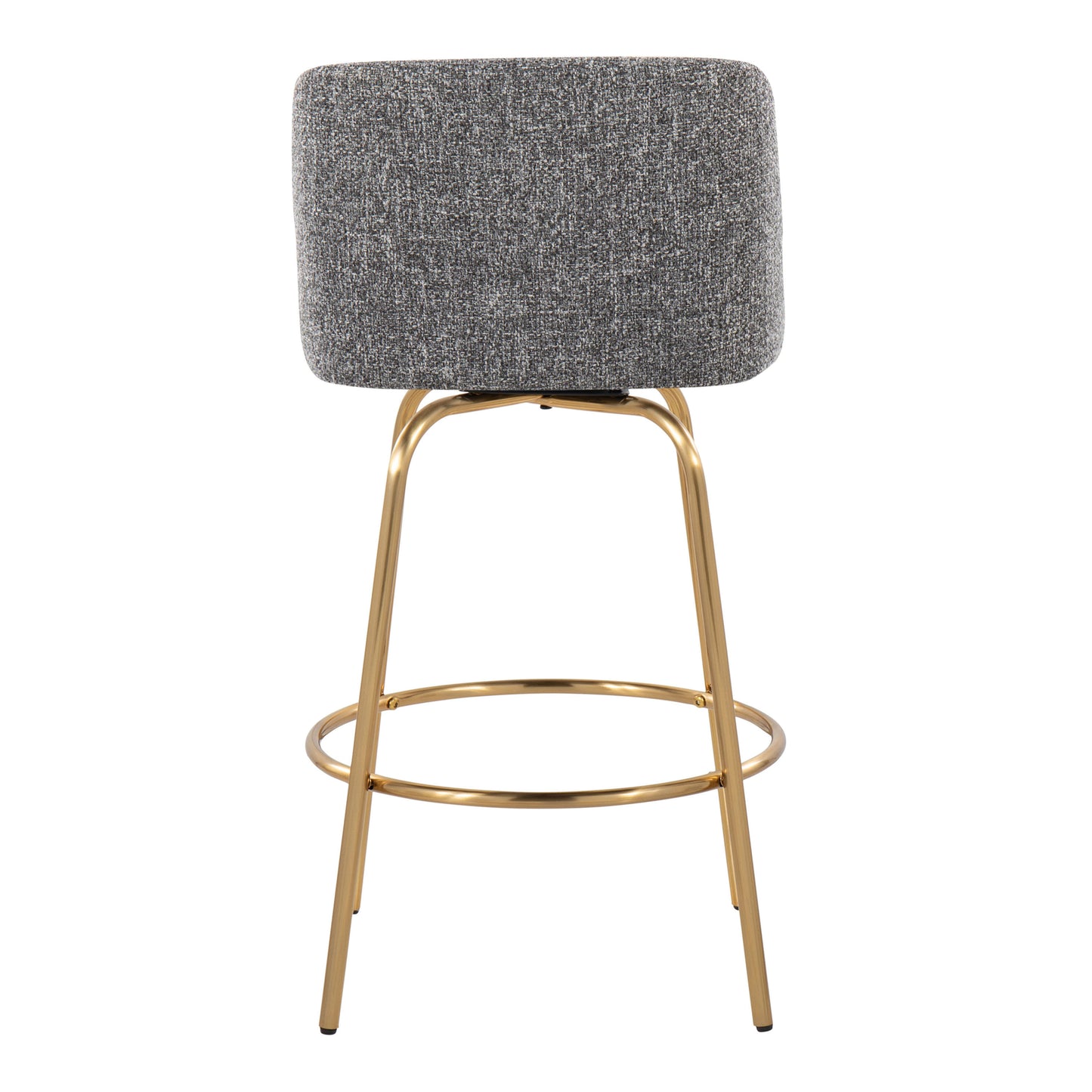 Tzarin - Set of 2 - 26" Contemporary Fixed-Height Swivel Counter Stools in Grey Noise Fabric and Gold Metal – Stylish Upholstered Bar Stools with Round Footrest