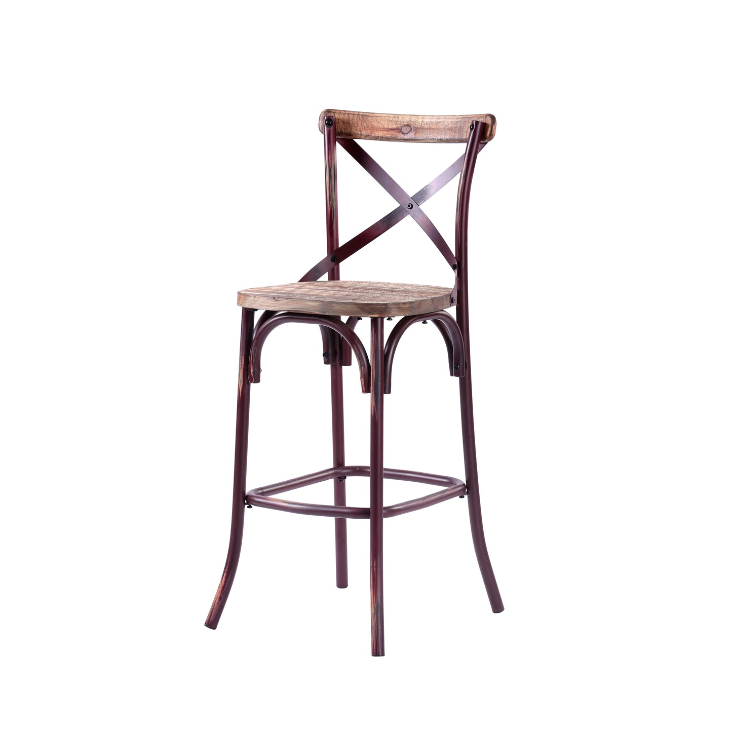 Zorina -  set of 2 -29" Seat Height Industrial High-Back Bar Chair in Antique Red and Oak, 43" Overall Height