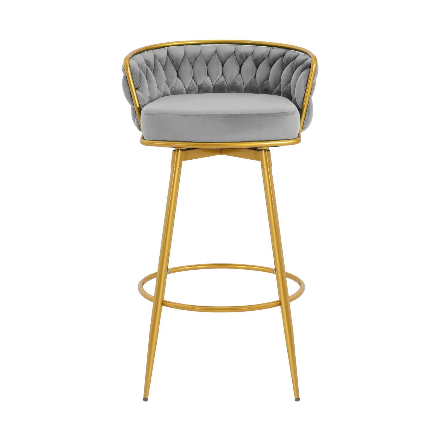 Noble - Set of 2 - 24" - 26" Grey Swivel Counter Stools with Hand-Woven Backrest and Gold Metal Legs