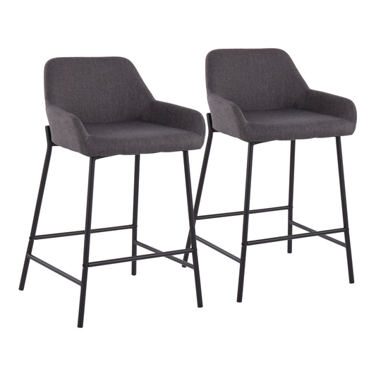 VivaChic – Set of 2 – 26" Charcoal Fabric & Black Metal Counter Stools, Industrial Fixed-Height with Upholstered Padded Seat