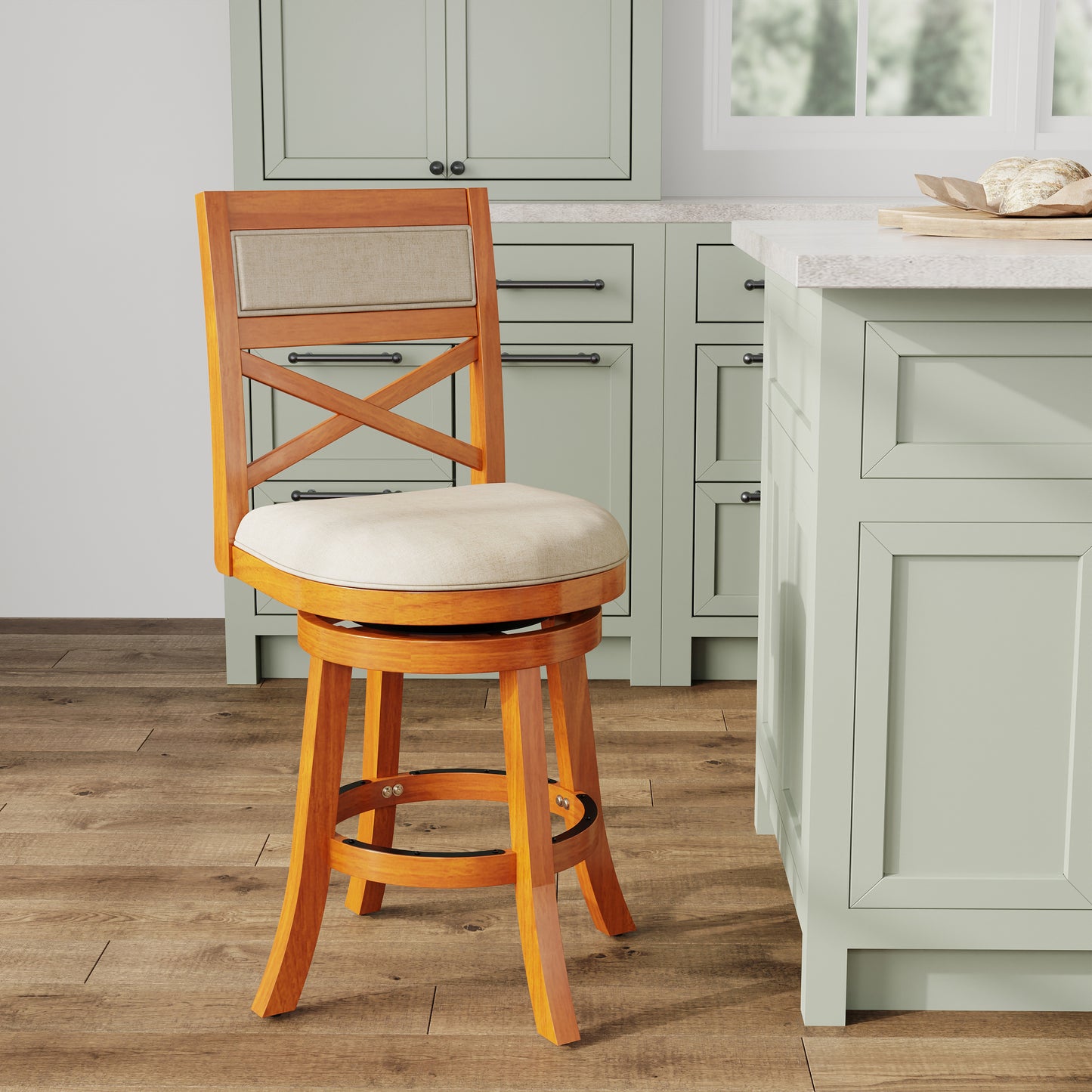 Xander - Set of 2 - 24" Counter Height Swivel Stool with Beige Fabric Seat and Natural Wood Finish