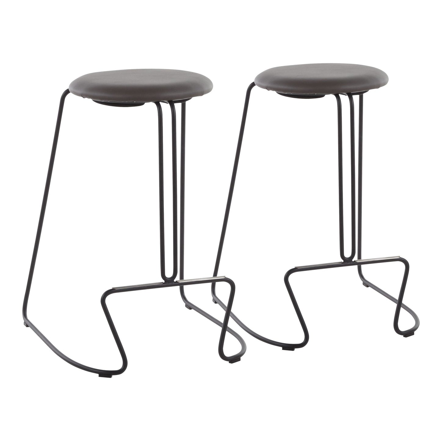 Lyrical - Set of 2 - 25" Contemporary Counter Stools in Grey Faux Leather & Black Steel with High Back