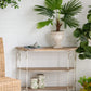 3 Tiered Wooden Shelving Unit With Ornate Iron Frame - Multicolor