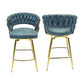 Haythorne - Set of 2 - 26" Blue Suede Woven Swivel Bar Stools with Armrest & Footrest - Gold Legs for Kitchen Island