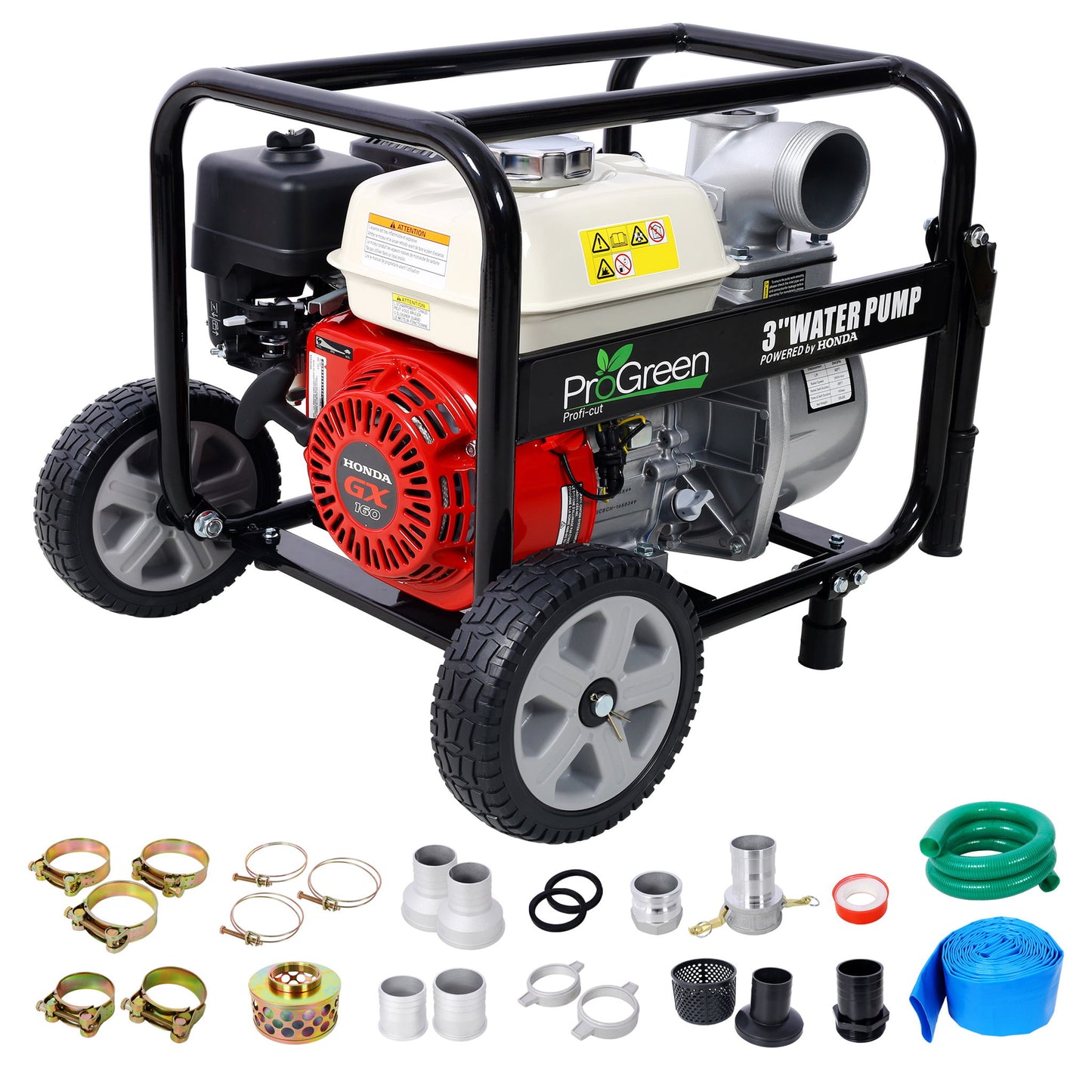 Honda - Gx160 Engine Water Pump 3" 264Gpm With Accessories Kit And Handle Wheel Kit - Black / Red