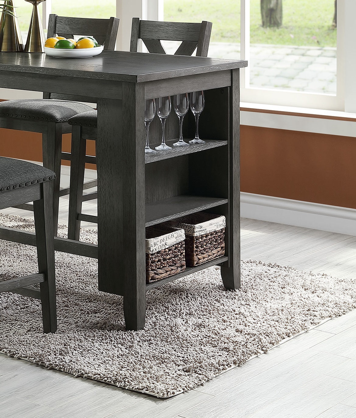 Hadrian - Set of 2 - 24" Gray Wash Counter Height Dining Set with Storage Shelves, High Chairs & Stools - Solid Acacia Wood