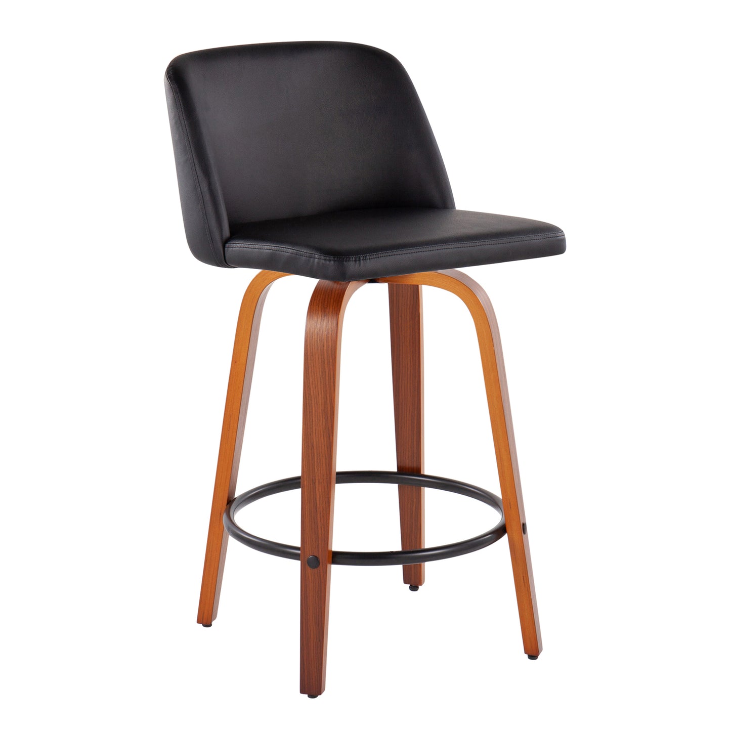 Thryvenix - Set of 2 - 20" Mid-Century Modern Counter Stools with Walnut Wood Frame, Black Faux Leather Upholstery, and 360-Degree Swivel Design