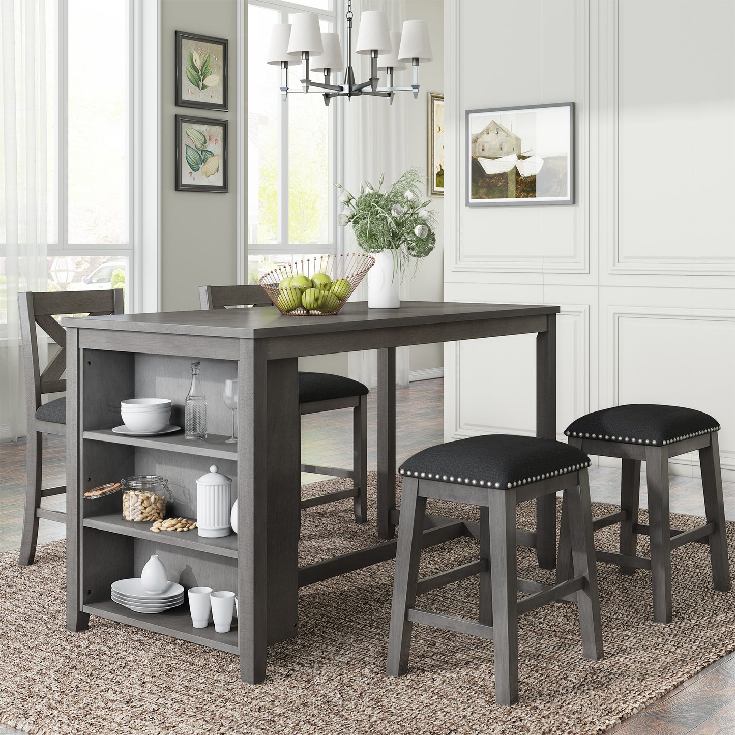 Montclaire - Set of 5 -36" Rustic Gray Counter Height Dining Set with Solid Wood Table, 2 Chairs, and 2 Stools