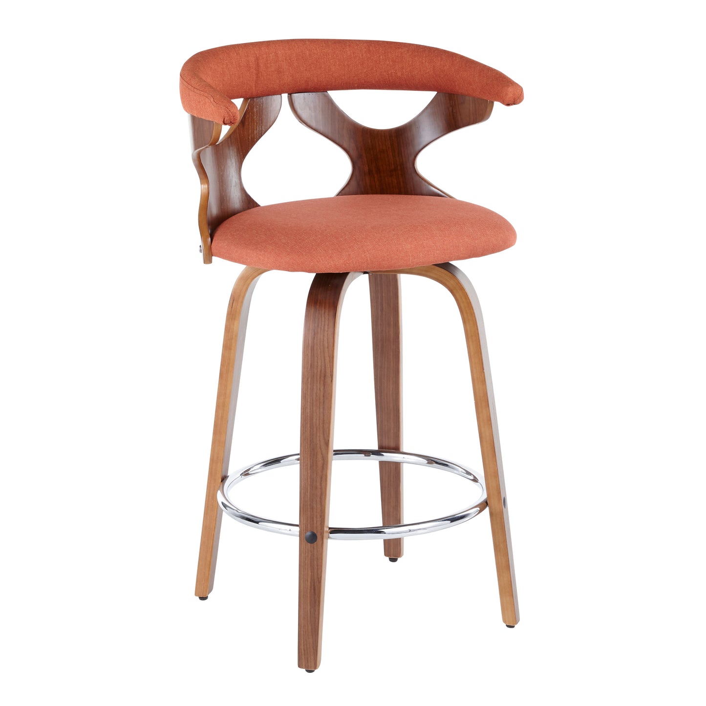 Halifax - Set of 2 - 26" Mid-Century Modern Counter Stools with Swivel, Walnut & Orange Fabric