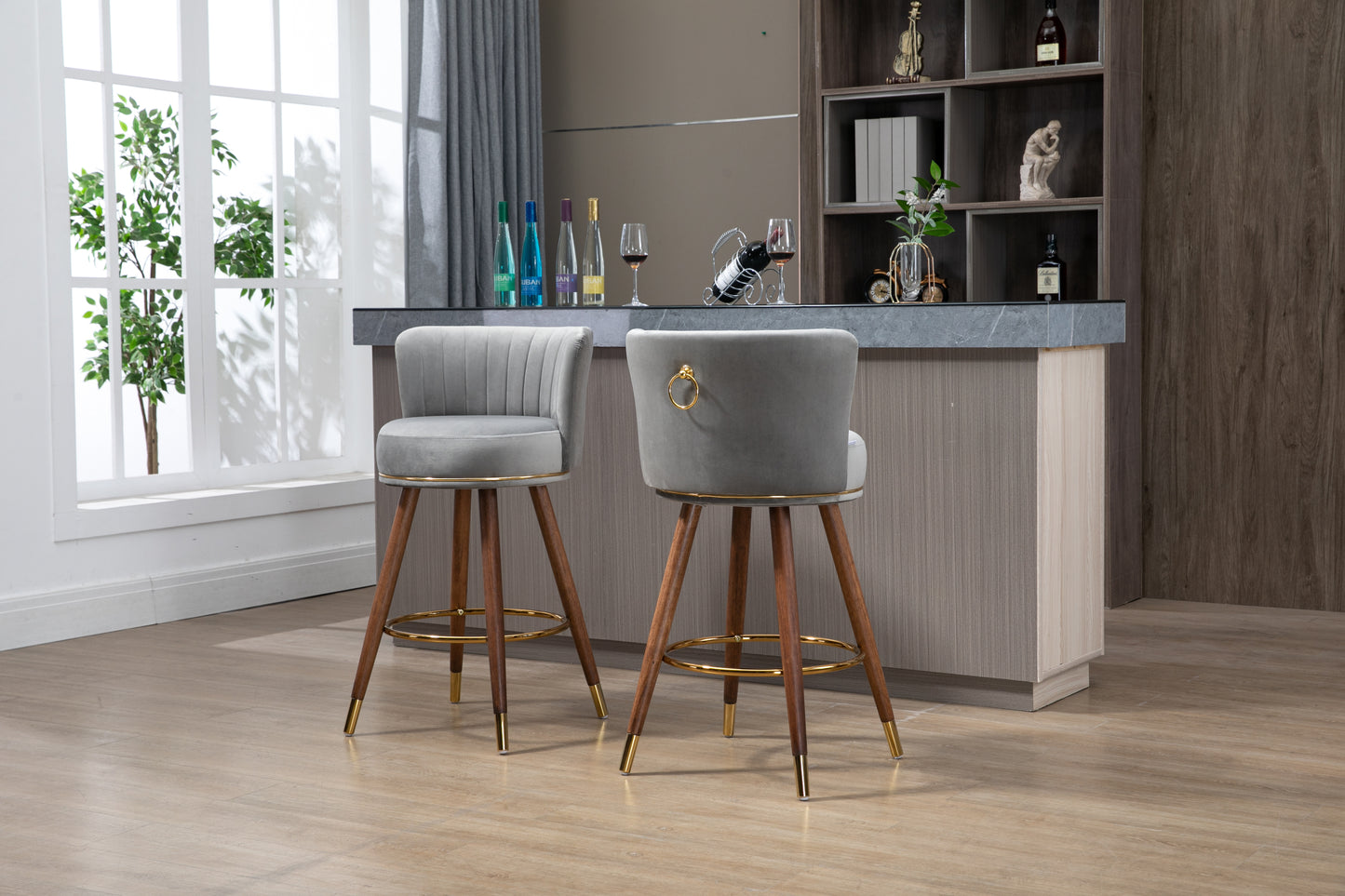 Avira - Set of 2 - 28" Grey Counter Height Swivel Bar Stools with Light Brown Solid Wood Legs, Retro Style and Upholstered Cushions